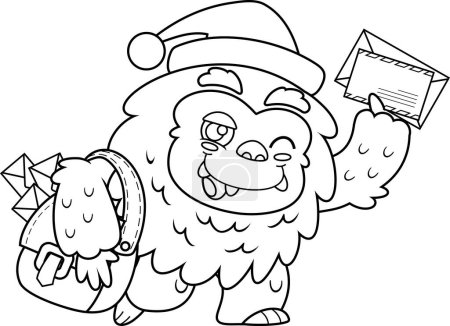 Illustration for Outlined Cute Christmas Yeti Bigfoot Cartoon Character Delivering Letter. Vector Hand Drawn Illustration Isolated On Transparent Background - Royalty Free Image
