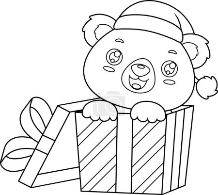 Ilustración de Delineado lindo oso de peluche de Navidad personaje de dibujos animados salir de la caja de regalo. Ilustración dibujada a mano vectorial aislada sobre fondo transparente - Imagen libre de derechos