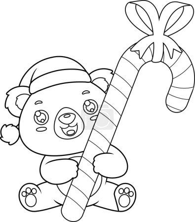 Téléchargez les illustrations : Décoré mignon Noël ours en peluche personnage de bande dessinée tenant cadeau Canne à bonbons. Illustration dessinée à la main vectorielle isolée sur fond transparent - en licence libre de droit