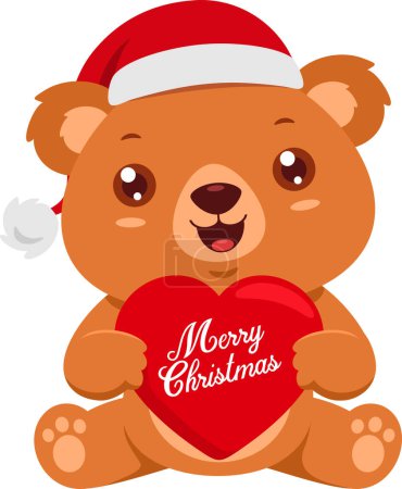Illustration for Cute Christmas Teddy Bear Cartoon Character Holding A Red Heart With Text. Vector Illustration Flat Design Isolated On Transparent Background - Royalty Free Image