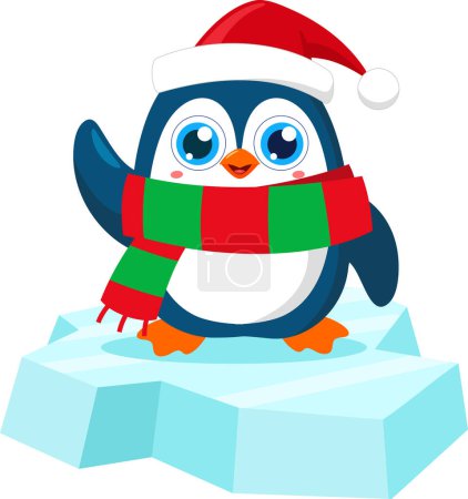 Ilustración de Lindo personaje de dibujos animados pingüino de Navidad saludando en el hielo. Ilustración vectorial Diseño plano aislado sobre fondo transparente - Imagen libre de derechos