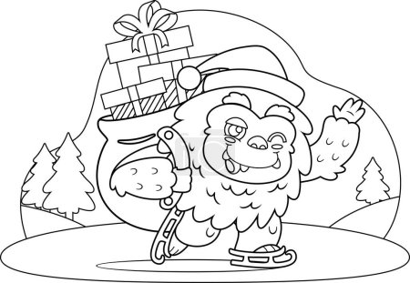 Téléchargez les illustrations : Smiling Santa Yeti Bigfoot personnage de bande dessinée avec sac de Noël agitant. Illustration dessinée à la main vectorielle isolée sur fond transparent - en licence libre de droit