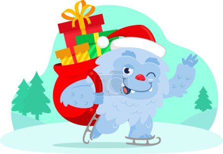 Téléchargez les illustrations : Smiling Santa Yeti Bigfoot personnage de bande dessinée avec sac de Noël agitant. Illustration vectorielle Design plat isolé sur fond transparent - en licence libre de droit