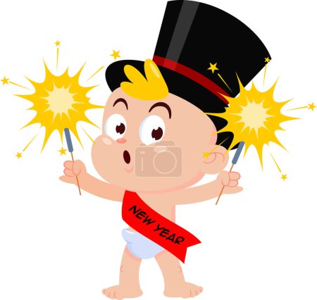 Illustration for Cute New Year Baby Cartoon Character With Top Hat Holding A Sparklers. Vector Illustration Flat Design Isolated On Transparent Background - Royalty Free Image