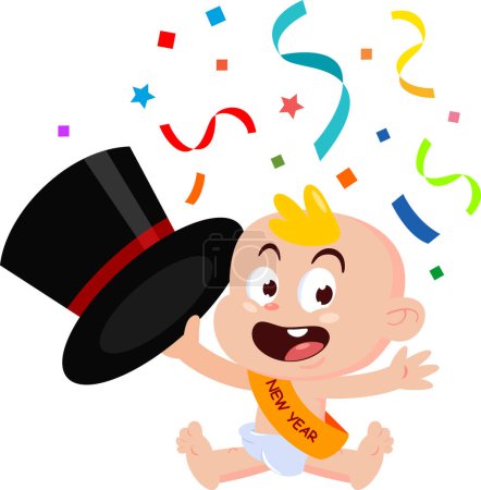 Illustration for Cute New Year Baby Cartoon Character Waving With Top Hat. Vector Illustration Flat Design Isolated On Transparent Background - Royalty Free Image