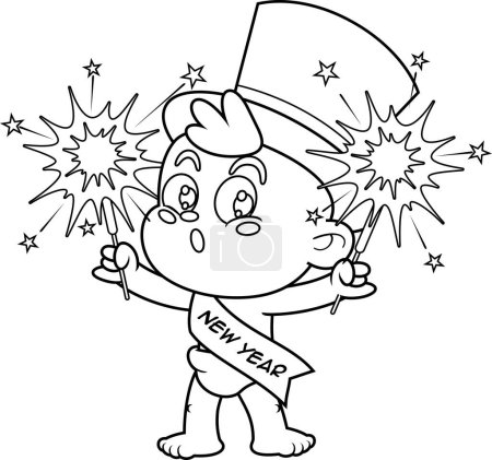 Illustration for Outlined Cute New Year Baby Cartoon Character With Top Hat Holding A Sparklers. Vector Hand Drawn Illustration Isolated On Transparent Background - Royalty Free Image