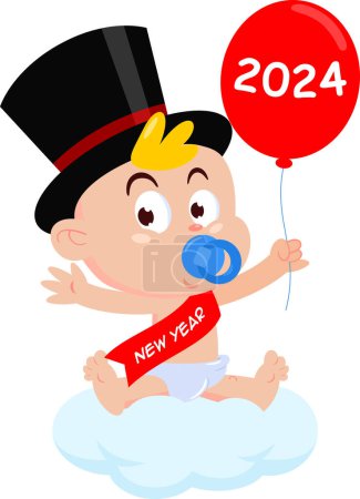 Ilustración de Carácter lindo de la historieta del bebé del año nuevo con un globo que fija en nube. Ilustración vectorial Diseño plano aislado sobre fondo transparente - Imagen libre de derechos