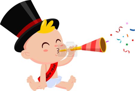 Illustration for Cute New Year Baby Cartoon Character Blow In Foil Party Horn. Vector Illustration Flat Design Isolated On Transparent Background - Royalty Free Image