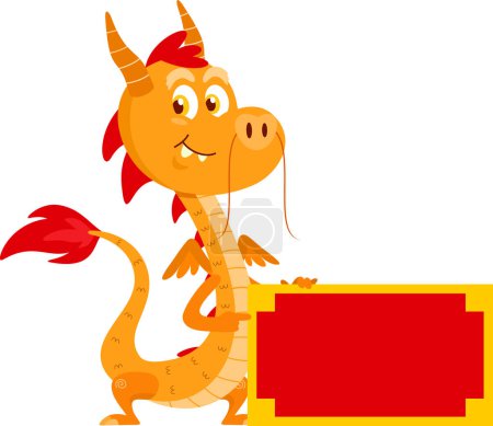 Téléchargez les illustrations : Mignon dragon chinois personnage de bande dessinée pointant vers signe vide. Illustration vectorielle Design plat isolé sur fond transparent - en licence libre de droit
