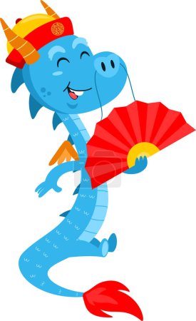 Ilustración de Lindo personaje de dibujos animados de dragón chino sosteniendo un ventilador. Ilustración vectorial Diseño plano aislado sobre fondo transparente - Imagen libre de derechos