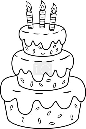 Illustration for Outlined Cartoon Birthday Cake With Candles. Vector Hand Drawn Illustration Isolated On Transparent Background - Royalty Free Image