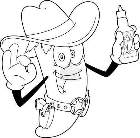 Ilustración de Delineado de chile picante Cowboy personaje de dibujos animados Presente mejor salsa picante. Ilustración dibujada a mano vectorial aislada sobre fondo transparente - Imagen libre de derechos