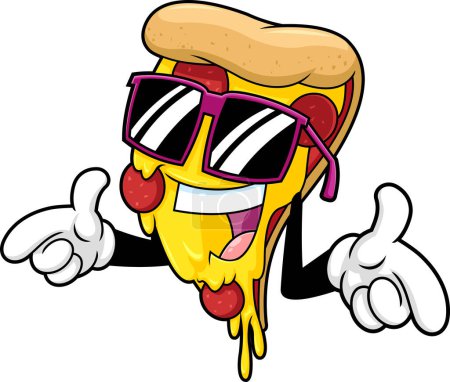 Ilustración de Personaje divertido de la historieta de la rebanada de pizza con gafas de sol. Ilustración dibujada a mano vectorial aislada sobre fondo transparente - Imagen libre de derechos