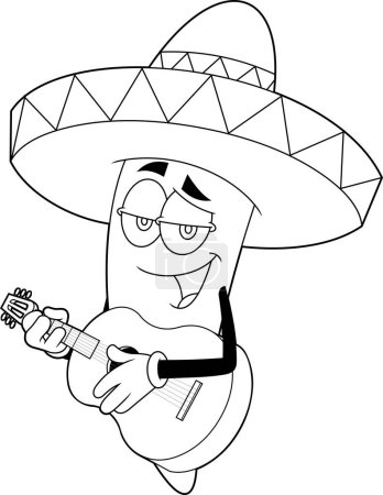 Ilustración de Característica mexicana delineada de dibujos animados de ají picante cantando con una guitarra. Ilustración dibujada a mano vectorial aislada sobre fondo transparente - Imagen libre de derechos