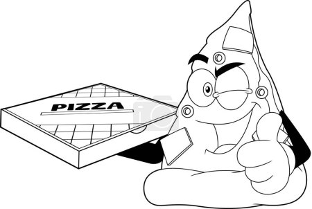 Téléchargez les illustrations : Décoré Winking Pizza Slice Cartoon caractère tenant boîte à pizza et donnant le pouce vers le haut. Illustration dessinée à la main vectorielle isolée sur fond transparent - en licence libre de droit