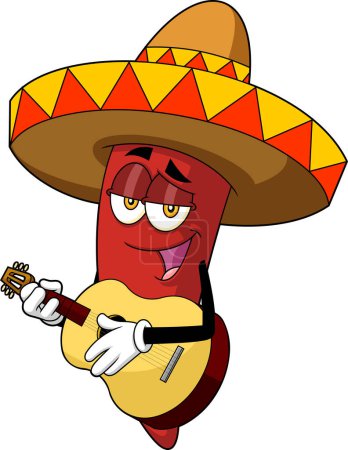 Illustration for Mexican Hot Chili Pepper Cartoon Character Singing With A Guitar. Vector Hand Drawn Illustration Isolated On Transparent Background - Royalty Free Image