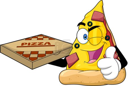 Téléchargez les illustrations : Winking Pizza Slice Cartoon Character Holding Pizza Box et donnant le pouce levé. Illustration dessinée à la main vectorielle isolée sur fond transparent - en licence libre de droit