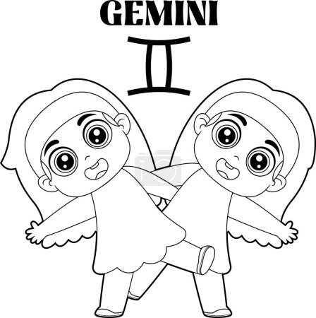 Illustration for Outlined Gemini Cartoon Character Horoscope Zodiac Sign. Vector Hand Drawn Illustration Isolated On Transparent Background - Royalty Free Image