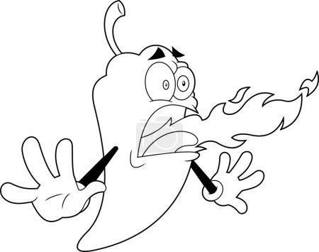 Téléchargez les illustrations : Drôle dessiné Chili Pepper Cartoon personnage respirant feu. Illustration dessinée à la main vectorielle isolée sur fond transparent - en licence libre de droit