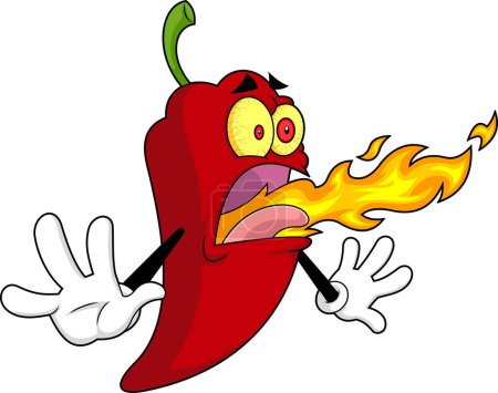 Ilustración de Funny Hot Chili Pepper Carácter de dibujos animados Respirando fuego. Ilustración dibujada a mano vectorial aislada sobre fondo transparente - Imagen libre de derechos