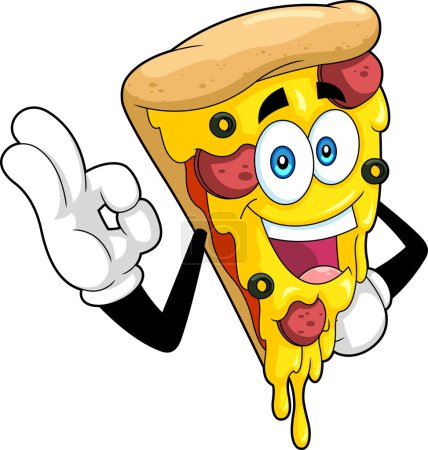Téléchargez les illustrations : Happy Pizza Slice personnage de bande dessinée. Illustration dessinée à la main vectorielle isolée sur fond transparent - en licence libre de droit