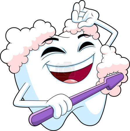 Téléchargez les illustrations : Happy Tooth personnage de bande dessinée tenant une brosse à dents et propre. Illustration dessinée à la main vectorielle isolée sur fond transparent - en licence libre de droit