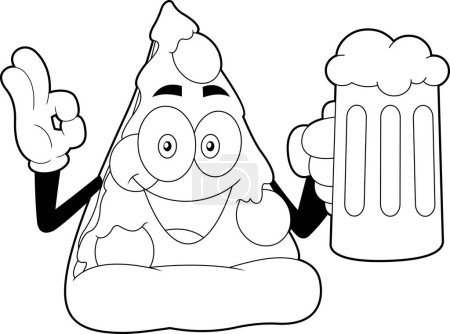 Téléchargez les illustrations : Décoré Happy Pizza Slice personnage de bande dessinée tenant un verre de bière. Illustration dessinée à la main vectorielle isolée sur fond transparent - en licence libre de droit