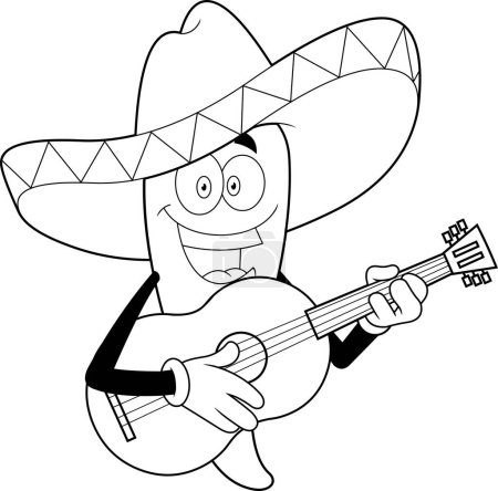 Illustration for Outlined Mexican Hot Chili Pepper Cartoon Character Singing With A Guitar. Vector Hand Drawn Illustration Isolated On Transparent Background - Royalty Free Image