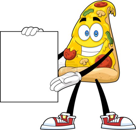 Téléchargez les illustrations : Smiling Pizza Slice caractère de bande dessinée présent signe blanc. Illustration dessinée à la main vectorielle isolée sur fond transparent - en licence libre de droit
