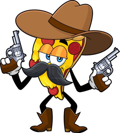 Téléchargez les illustrations : Cowboy Pizza Slice personnage de bande dessinée avec deux pistolets. Illustration dessinée à la main vectorielle isolée sur fond transparent - en licence libre de droit