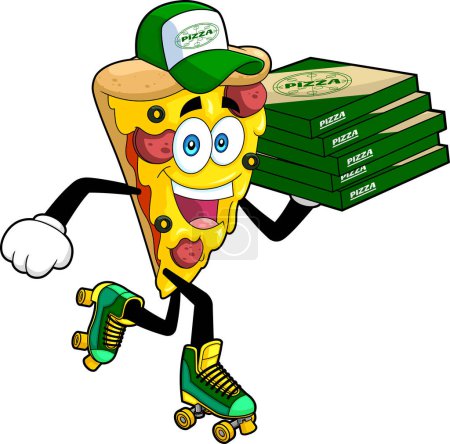 Téléchargez les illustrations : Pizza Slice personnage de bande dessinée va pour la livraison. Illustration dessinée à la main vectorielle isolée sur fond transparent - en licence libre de droit