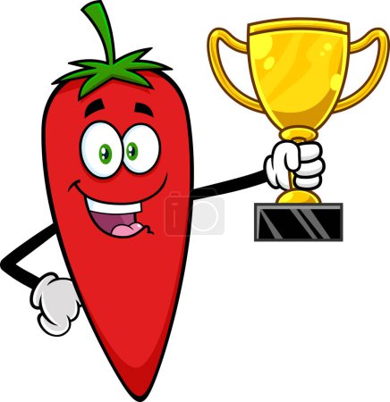 Ilustración de Happy Hot Chili Pepper Cartoon Character Holding A Big Golden Cup. Ilustración dibujada a mano vectorial aislada sobre fondo transparente - Imagen libre de derechos