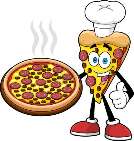 Téléchargez les illustrations : Chef Pizza Slice personnage de bande dessinée présente le meilleur Pepperoni Pizza. Illustration dessinée à la main vectorielle isolée sur fond transparent - en licence libre de droit
