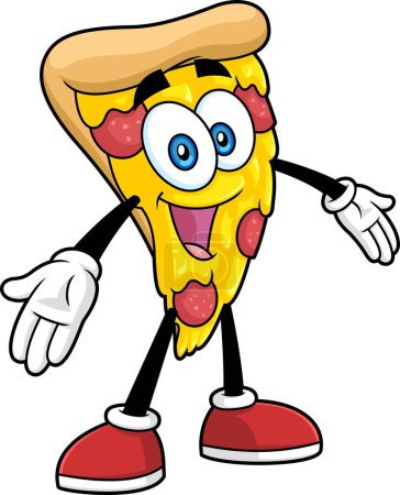 Ilustración de Personaje divertido de la historieta de la rebanada de la pizza con los brazos abiertos para abrazar. Ilustración dibujada a mano vectorial aislada sobre fondo transparente - Imagen libre de derechos