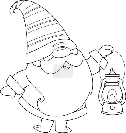 Ilustración de Delineado lindo personaje de dibujos animados gnomo de Navidad sosteniendo una linterna de gas. Ilustración dibujada a mano vectorial aislada sobre fondo transparente - Imagen libre de derechos