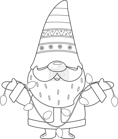 Illustration for Outlined Cute Christmas Gnome Cartoon Character Holding Christmas Lights. Vector Hand Drawn Illustration Isolated On Transparent Background - Royalty Free Image