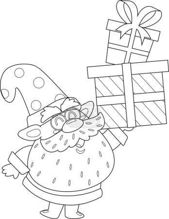 Téléchargez les illustrations : Décoré mignon Noël Gnome personnage de bande dessinée tenant jusqu'à boîtes-cadeaux. Illustration dessinée à la main vectorielle isolée sur fond transparent - en licence libre de droit