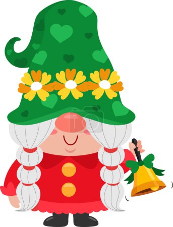 Illustration for Cute Christmas Female Gnome Cartoon Character Ringing A Bell. Vector Illustration Flat Design Isolated On Transparent Background - Royalty Free Image