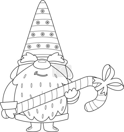Téléchargez les illustrations : Décoré mignon Noël Gnome personnage de bande dessinée tenant Big Candy Cane cadeau. Illustration dessinée à la main vectorielle isolée sur fond transparent - en licence libre de droit