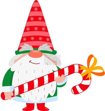 Téléchargez les illustrations : Mignon Noël Gnome personnage de bande dessinée tenant Big Candy Cane cadeau. Illustration vectorielle Design plat isolé sur fond transparent - en licence libre de droit