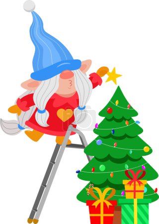 Illustration for Cute Christmas Female Gnome Cartoon Character Decorate The Christmas Tree. Vector Illustration Flat Design Isolated On Transparent Background - Royalty Free Image