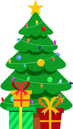 Téléchargez les illustrations : Dessin animé décoré arbre de Noël avec des boîtes-cadeaux. Illustration vectorielle Design plat isolé sur fond transparent - en licence libre de droit