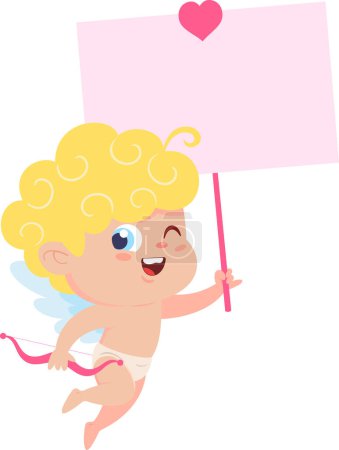 Téléchargez les illustrations : Dessin animé Cupidon avec signe d'amour et bannière vierge - en licence libre de droit