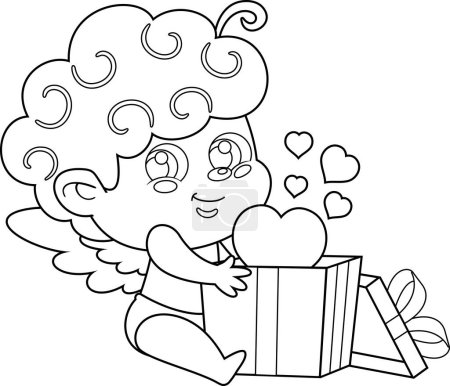 Téléchargez les illustrations : Un petit Cupidon tenant un cadeau avec des cœurs - en licence libre de droit