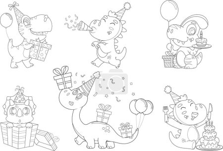 Téléchargez les illustrations : Dinosaures d'anniversaire esquissés personnages de bande dessinée. Ensemble de collection dessiné à la main vectoriel isolé sur fond transparent - en licence libre de droit