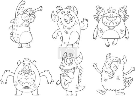 Umrissene Geburtstags-Monster Cartoon-Charaktere. Vector Hand Drawn Collection Set isoliert auf transparentem Hintergrund