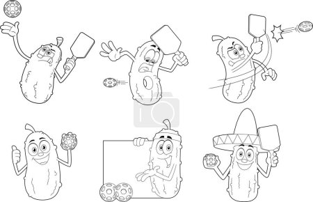 Illustration for Outlined Pickle Cartoon Characters Pickleball Ball Players. Vector Hand Drawn Collection Set Isolated On Transparent Background - Royalty Free Image