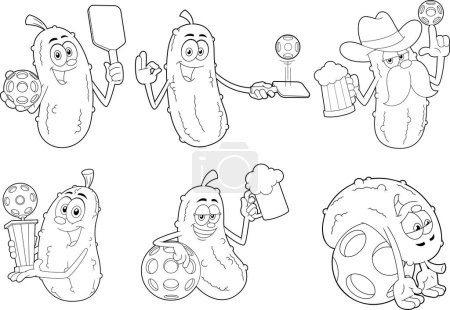 Ilustración de Personajes de dibujos animados en vinagre delineados Jugadores de Pickleball Ball. Vector mano dibujado colección conjunto aislado sobre fondo transparente - Imagen libre de derechos
