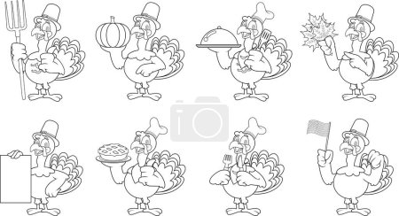 Illustration for Outlined Pilgrim Turkey Cartoon Character In Diferent Poses. Vector Hand Drawn Collection Set Isolated On Transparent Background - Royalty Free Image