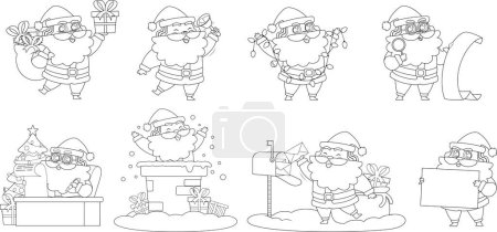 Illustration for Outlined Santa Claus Cartoon Character In Different Poses. Vector Hand Drawn Collection Set Isolated On Transparent Background - Royalty Free Image